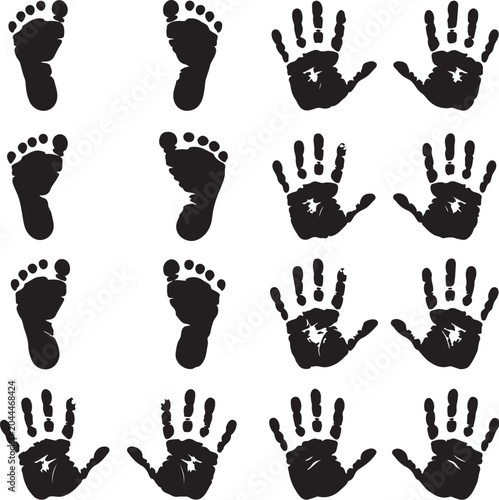Baby handprints and footprints silhouettes set, newborn hand and foot prints vector collection, ink stamp human palm and sole icons, minimalist black child handprints, child nursery decor elements