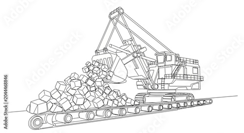 Tableau sur toile Wireframe Excavator Loading Rocks onto Railcar