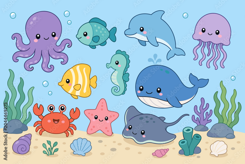 Fototapeta premium Cute cartoon marine life collection with various sea creatures and underwater plants