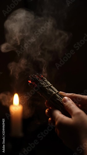 Herbal incense burning in dim candlelit room