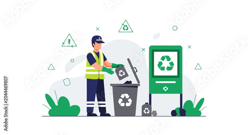 Recycling worker collecting waste in bin, environmental protection concept