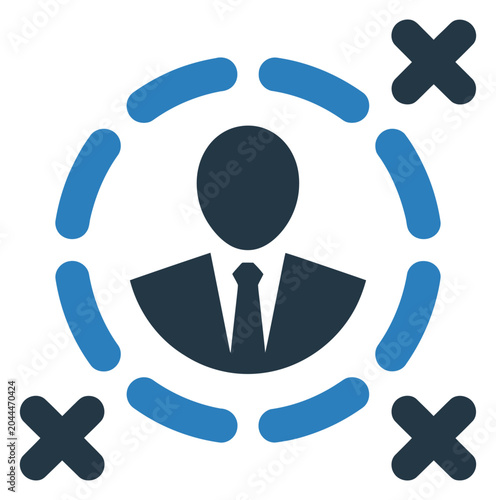Vector graphic of a businessperson surrounded by a circle with blue segments and black x's