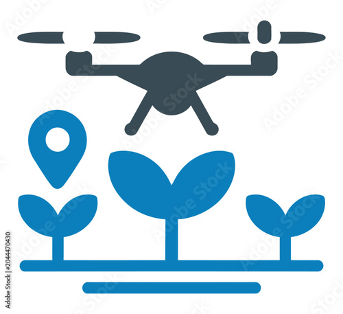 Vector graphic of a drone flying over plants with a location pin for precision agriculture use.