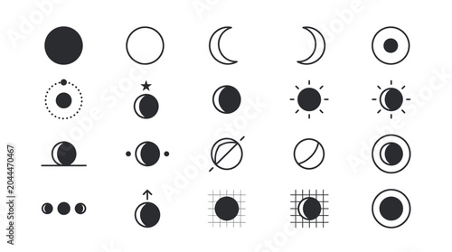 Fotografija Astronomical icons depicting celestial bodies and phases in monochrome