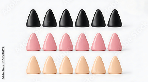 Arrangement of triangular geometric objects in pink, brown and black on white background minimalist composition