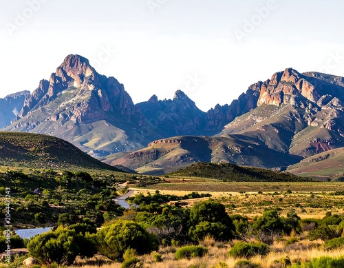 A serene mountain range with lush greenery and a winding river