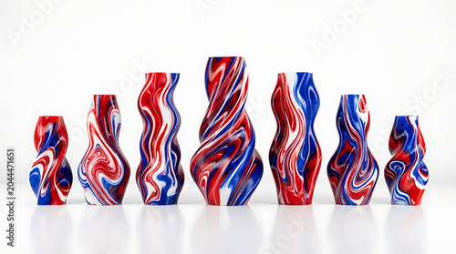 Abstract 3D printed geometric vases in vibrant red and white minimalist design