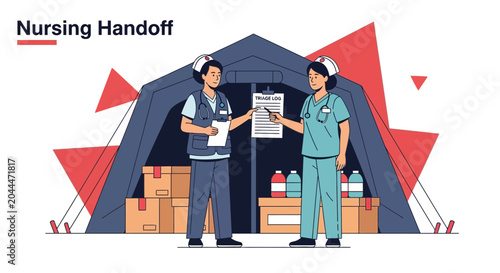 Nurses in Tent Discussing Patient Handoff Amidst Medical Supplies