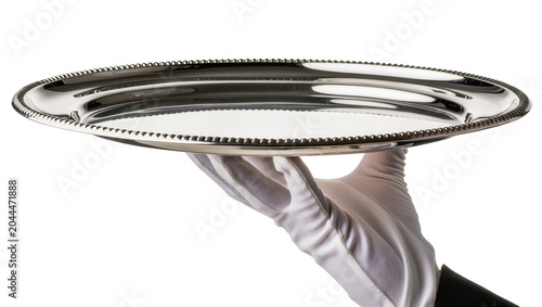 Fotografie Silver oval serving tray with beaded rim held by white gloved hand
