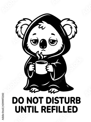 Koala in hoodie drinking coffee.