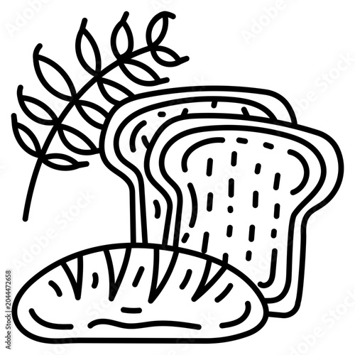 Outline bread icon with wheat, toast slices, and fresh bakery loaf.