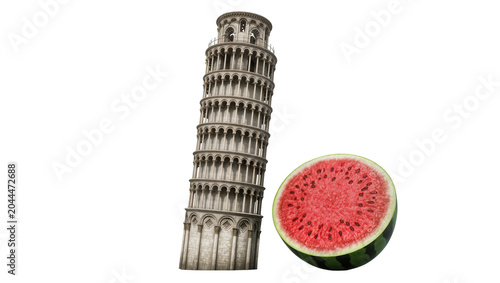 Cuadro en lienzo Leaning Tower of Pisa and half watermelon slice
