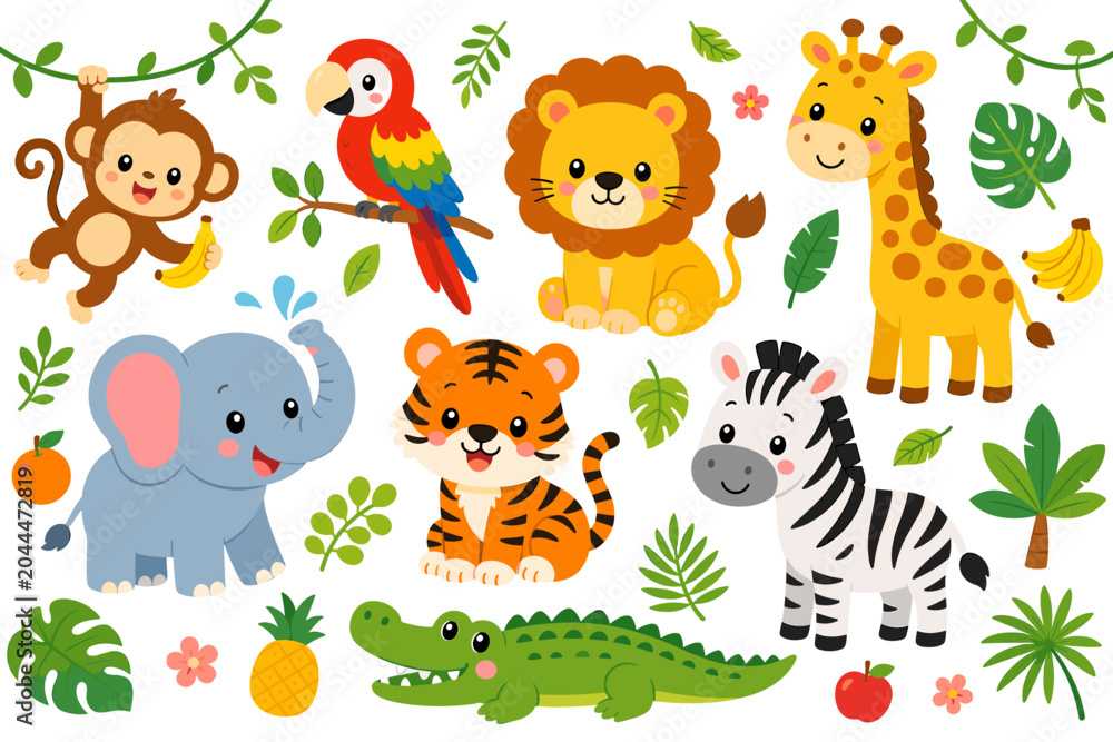 Fototapeta premium Cute cartoon jungle animals collection with monkey, elephant, lion, and giraffe