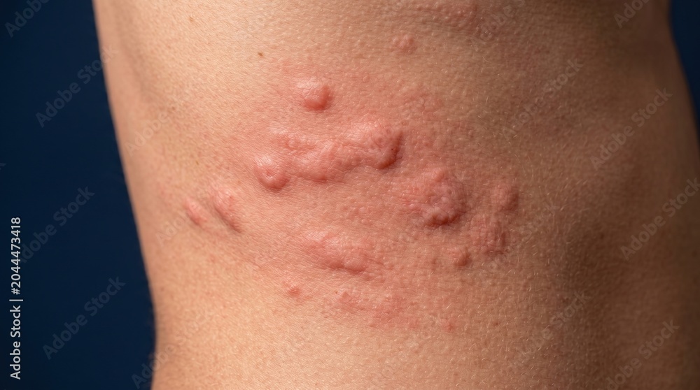 Fototapeta premium Close up of skin allergy rash with red swollen hives on back of patient