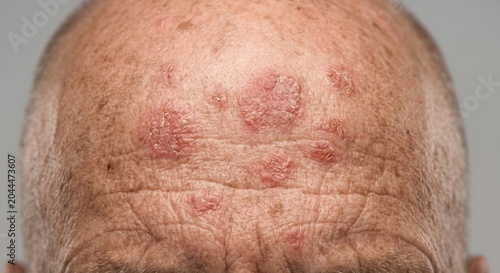 Psoriasis plaques and actinic keratosis scaly patches on forehead of senior man