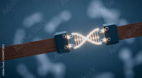 Glowing DNA helix structure in a digital environment representing the intersection of biotechnology and computing