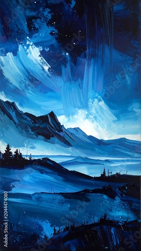 A serene nighttime mountain landscape with dark blue hues and starry sky