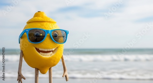 Happy Lemon Character with Sunglasses on a Sunny Beach Vacation.