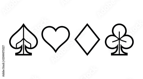 Bild auf Leinwand Four Playing Card Suits Symbols Outline Icons, Isolated on White Background