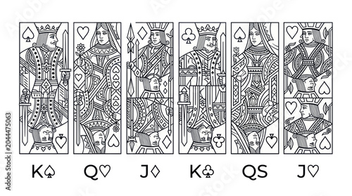 Canvastavla Line Art Playing Cards: King, Queen, Jack of Spades, Diamonds, Hearts