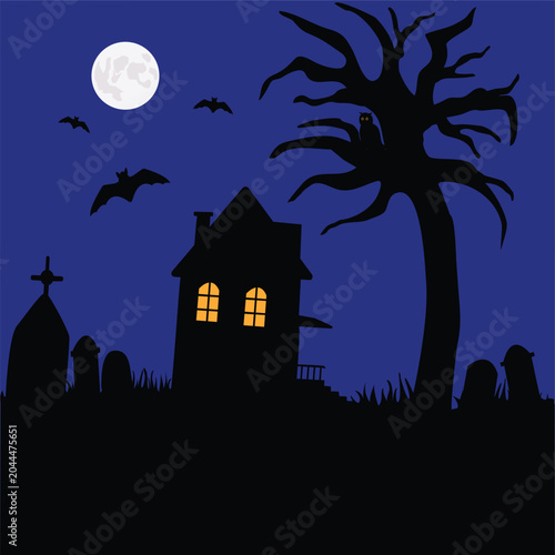 Haunted house at night with moon and bats in spooky forest