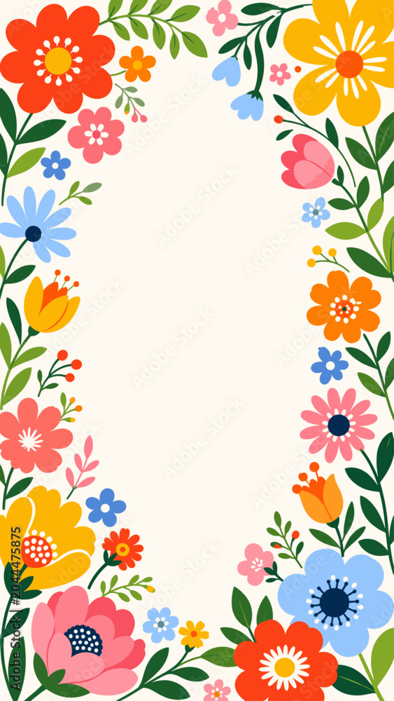 Obraz premium Vibrant floral border design with cheerful blossoms and green leaves