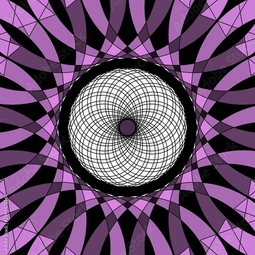 Geometric Abstract Purple and Black Mandala with Intricate White Lattice Center