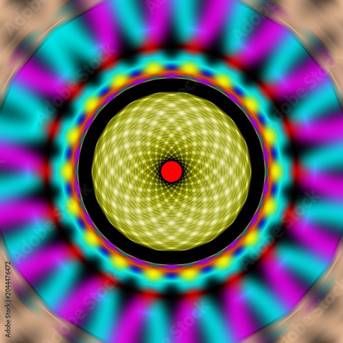 Vibrant Hypnotic Geometric Psychedelic Fractal Pattern with Swirling Colors and a Central Red Dot