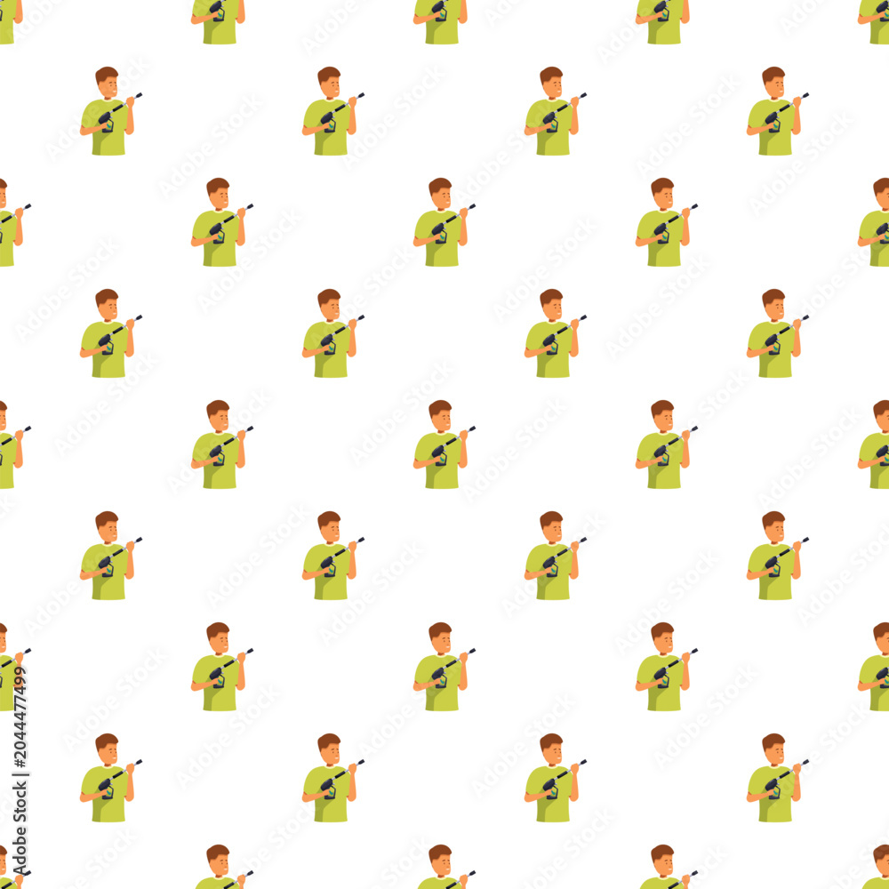 Fototapeta premium Seamless cartoon pattern featuring a man using a pressure washer on a white background