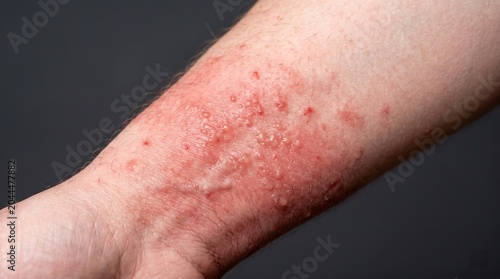 Acute allergic contact dermatitis with clustered vesicular rash on forearm