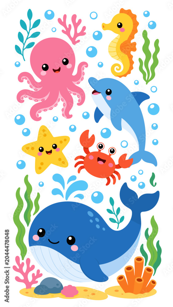Fototapeta premium Cute cartoon marine animals and sea life collection for kids