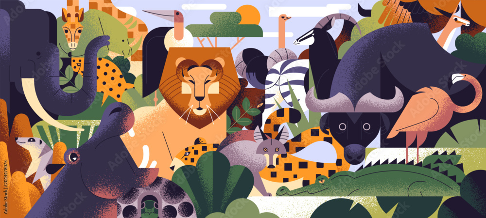 Fototapeta premium Banner with different African animals in geometric style. Safari nature. Stylized Savannah wildlife. Fauna of wild Africa- lion, bull, elephant, hippo, zebra, giraffe. Flat vector illustration