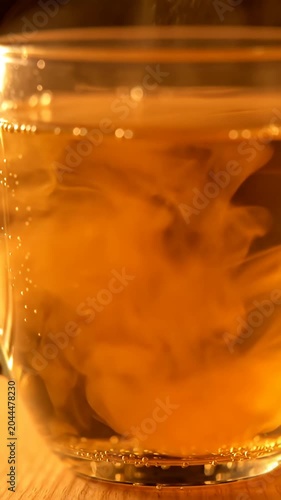 Tea bag steeping in hot water within glass cup.