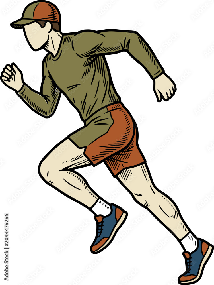 Fototapeta premium Man running vector illustration in hand drawn vintage engraving style. Retro sprinting athlete graphics for fitness posters, sports branding, and t-shirt prints