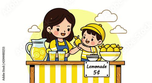 A cartoon mother and son running a lemonade stand, fresh citrus drinks with a bowl of lemons on a yellow striped wooden table