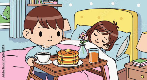 A young boy brings a wooden breakfast tray with pancakes, coffee, and orange juice to a girl sleeping in a yellow bed in a cozy bedroom