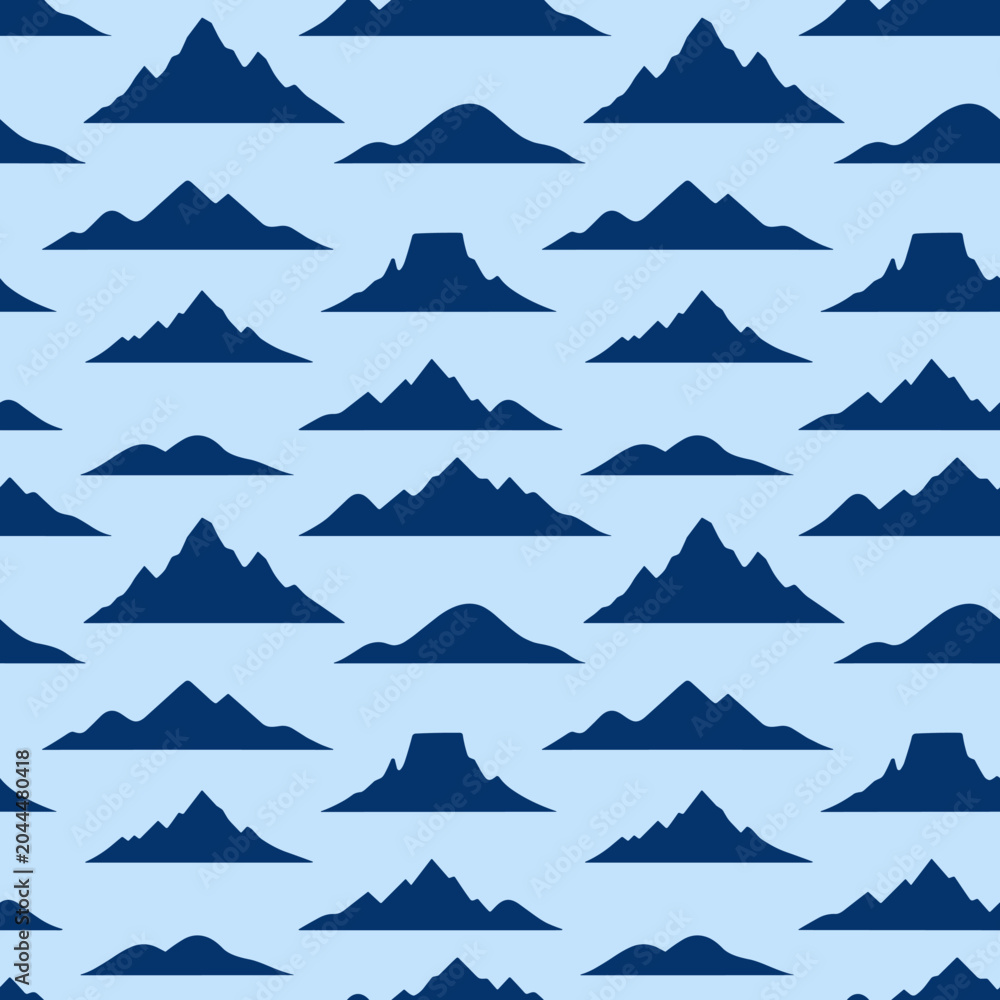 Obraz premium Seamless pattern of dark blue mountain silhouettes on a light blue background