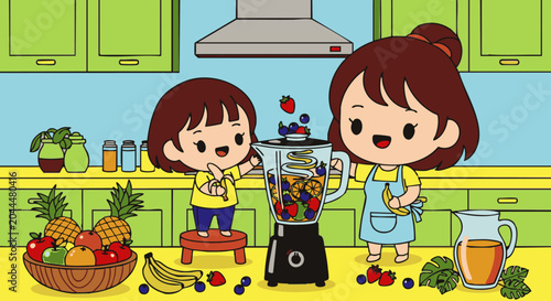 A mother and daughter making a fruit smoothie in a green kitchen, using a black blender with fresh strawberries, blueberries, and bananas