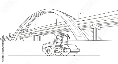 Road roller compacting surface near modern arch bridge construction, black and white line art.