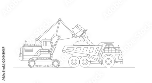 Canvas Print Excavator loading dirt into dump truck, construction machinery line art