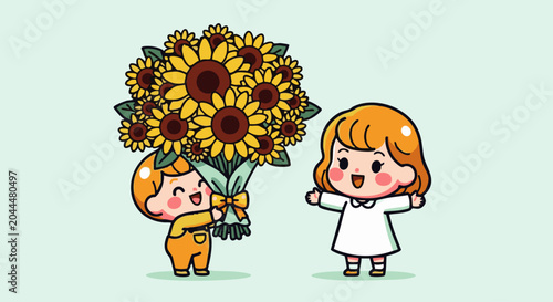 A cute cartoon boy in yellow overalls giving a large bouquet of bright yellow sunflowers to a happy girl wearing a simple white dress