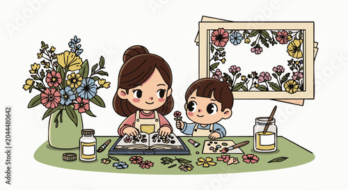 A mother and young son sitting at a table, pressing colorful flowers into a book, with a vase of wildflowers and a framed floral