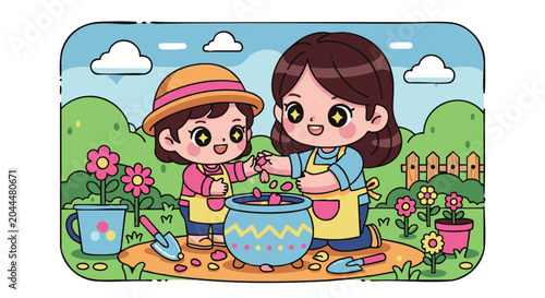 A mother and child wearing aprons and straw hats, gardening together in a sunny backyard, adding flower petals into a large blue pot