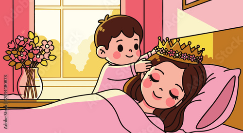 A young boy gently places a floral golden crown on the head of a sleeping girl in a cozy bedroom with pink bedding and a vase of flowers