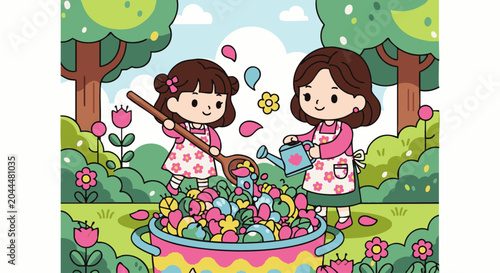 A mother and daughter wearing floral aprons gardening together, using a large wooden spoon and a blue watering can in a colorful spring park