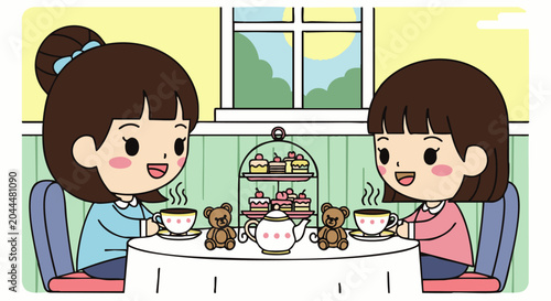 Two young girls having a tea party with teddy bears, featuring a tiered cake stand, teapot, and steaming cups at a table in a cozy room