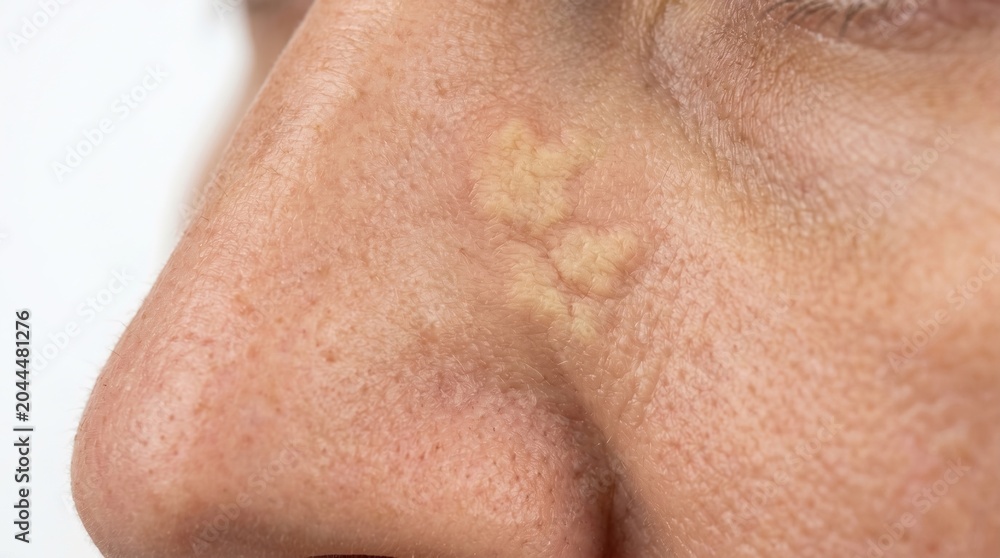 Naklejka premium Macro view of sebaceous hyperplasia and flat warts on side of nose