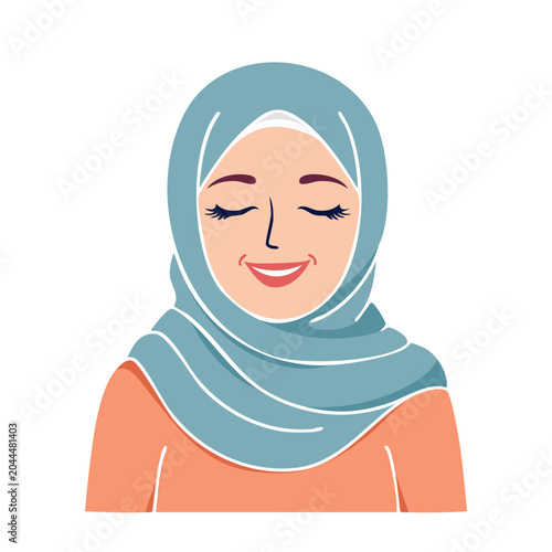 Smiling woman wearing a blue hijab and orange top