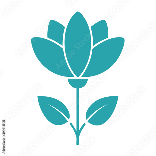 Teal flower icon with leaves on white background