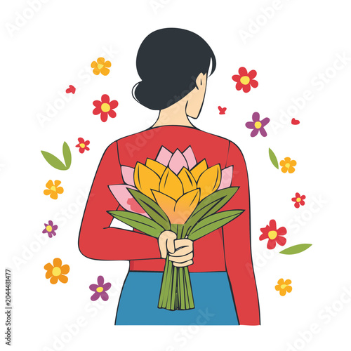 Woman hiding a bouquet of flowers behind her back
